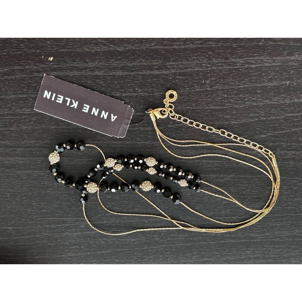 Anne Klein Multi-Strand Black & Gold Beaded Necklace With Rhinestone Accents